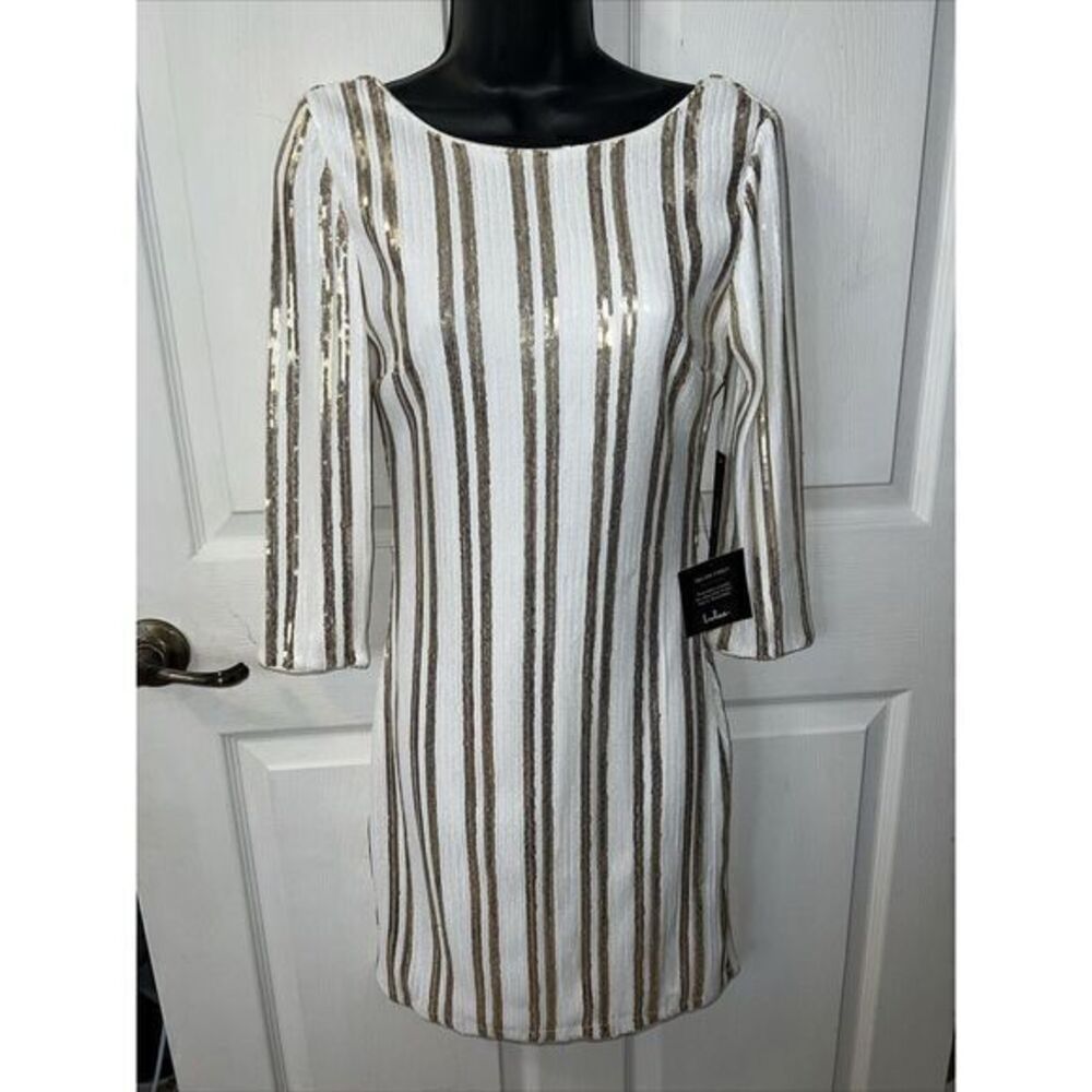 Lulus Standing Ovation White and Gold Sequin Striped Bodycon Party Dress Size‎ M